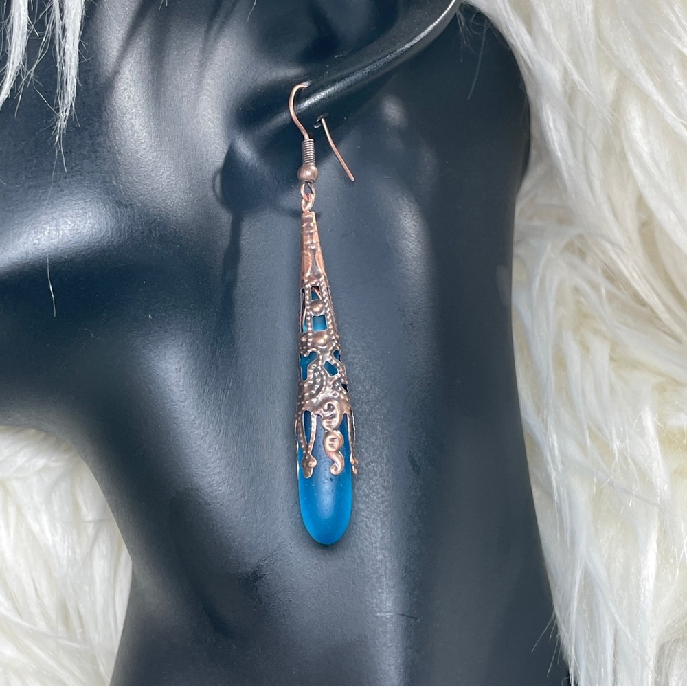 Artisan Boho Elegant Brilliant Blue Frosted Glass Antique Copper Drop Earrings - Picture 10 of 11